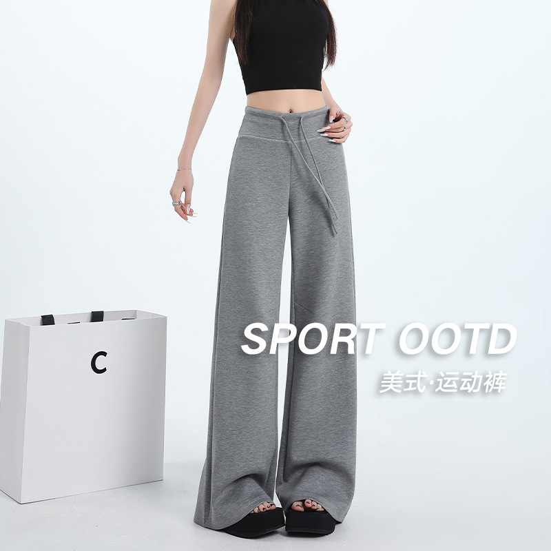 新款薄款美式高腰阔腿运动运动高腰白色出游服装女mm微喇瑜伽裤