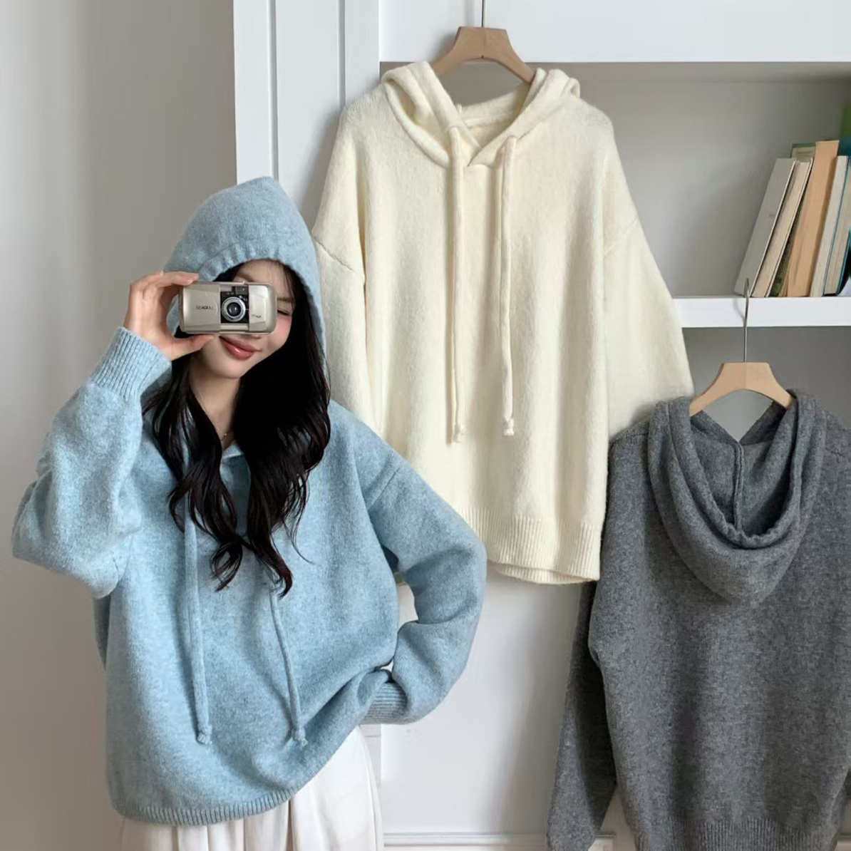 【Gao】%6羊百花绒清新蓝连帽套头针织毛衣女秋冬宽松慵懒打底毛衣