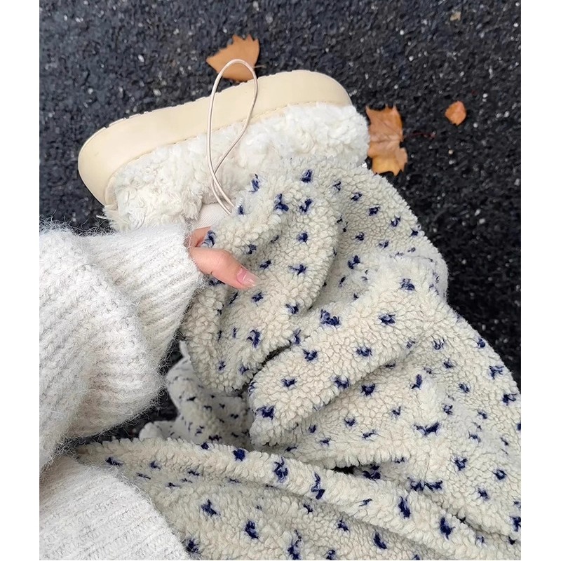 白色羊羔毛运动裤女秋冬2025新款小个子宽松慵懒风休闲加厚阔腿裤