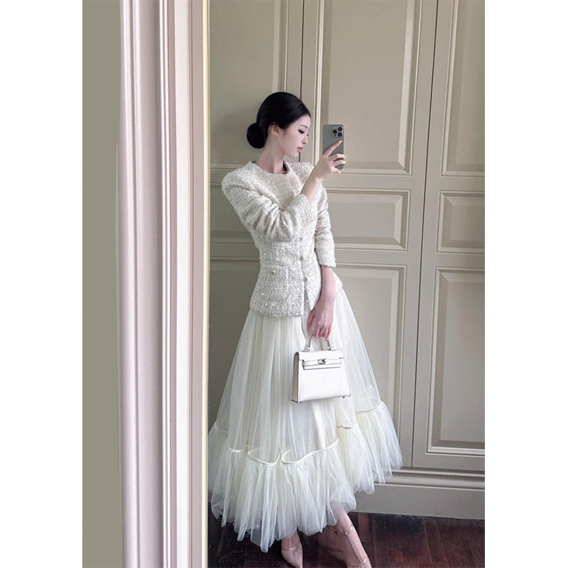 冬季新款法式时尚小香风收腰显瘦小众长袖外套高腰休闲网纱半身裙