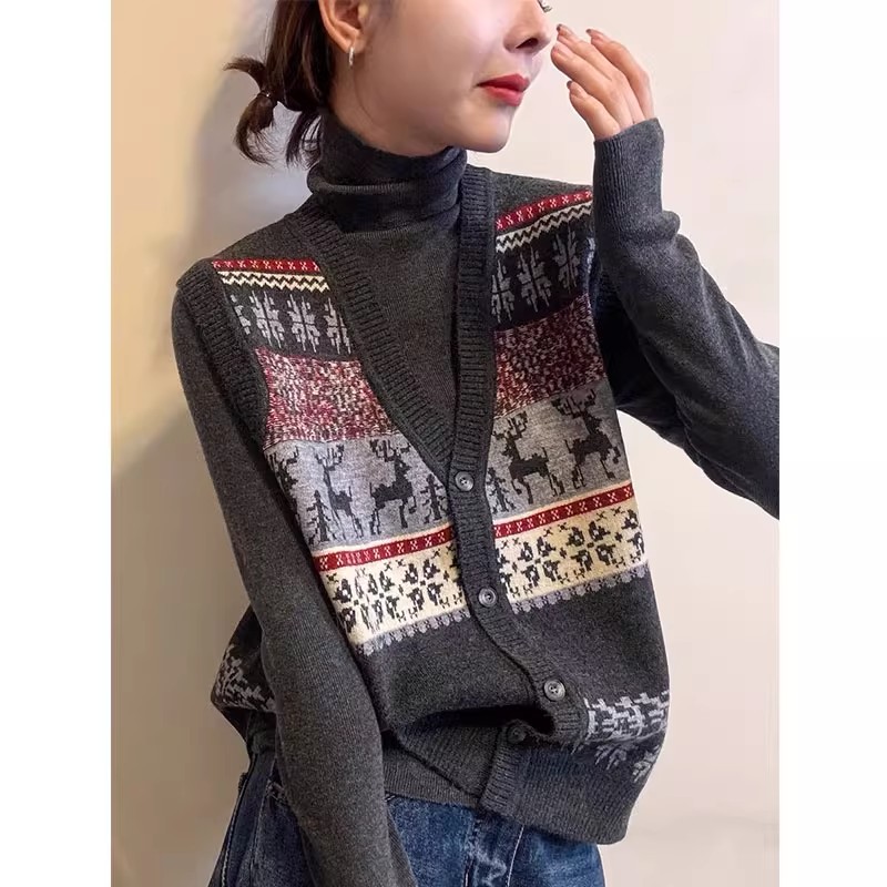 高领双面绒打底衫女2025秋冬款时尚叠穿民族风V领马甲两件套上衣