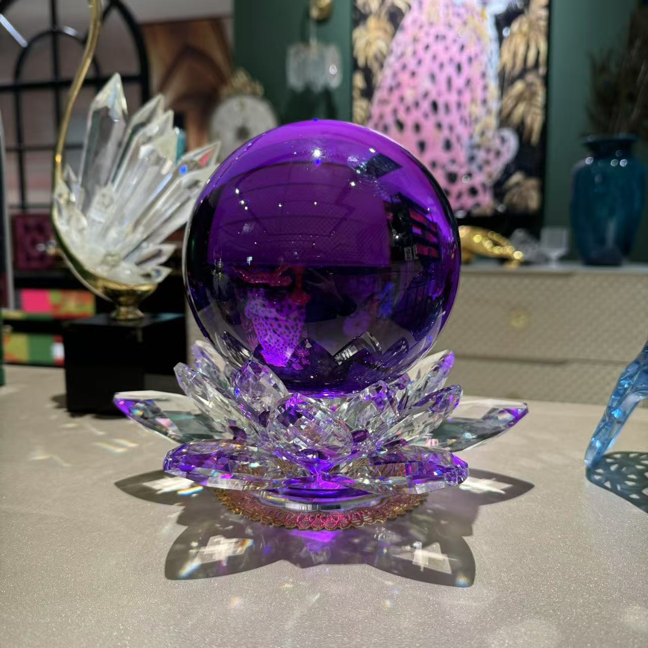 大号紫色莲花水晶球开业乔迁礼品客厅摆件转运珠水晶居家摆件