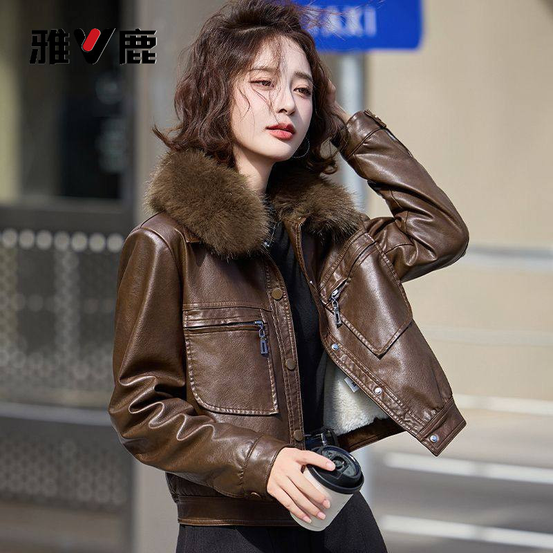 雅鹿皮衣女2025冬季新款爆款可拆卸毛领加绒加厚防寒保暖夹克外套