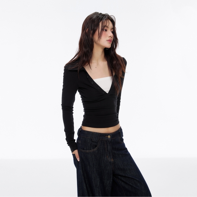 复古假两件撞色polo深V领针织长袖显瘦性感显瘦辣妹上衣