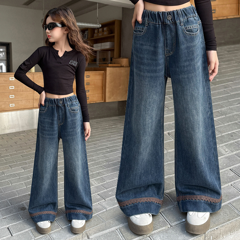 女大童裤子春秋2025新款女孩百搭休闲直筒裤儿童宽松牛仔裤阔腿裤