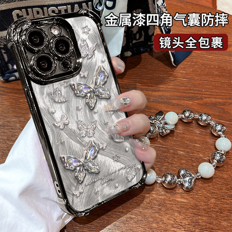 网红同款15四角气囊手机壳iphone14立体闪钻手链13高级12pro