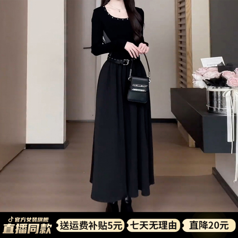 2025新款法式赫本风黑色长袖连衣裙子女早秋流赫本风掐腰拼接短裙