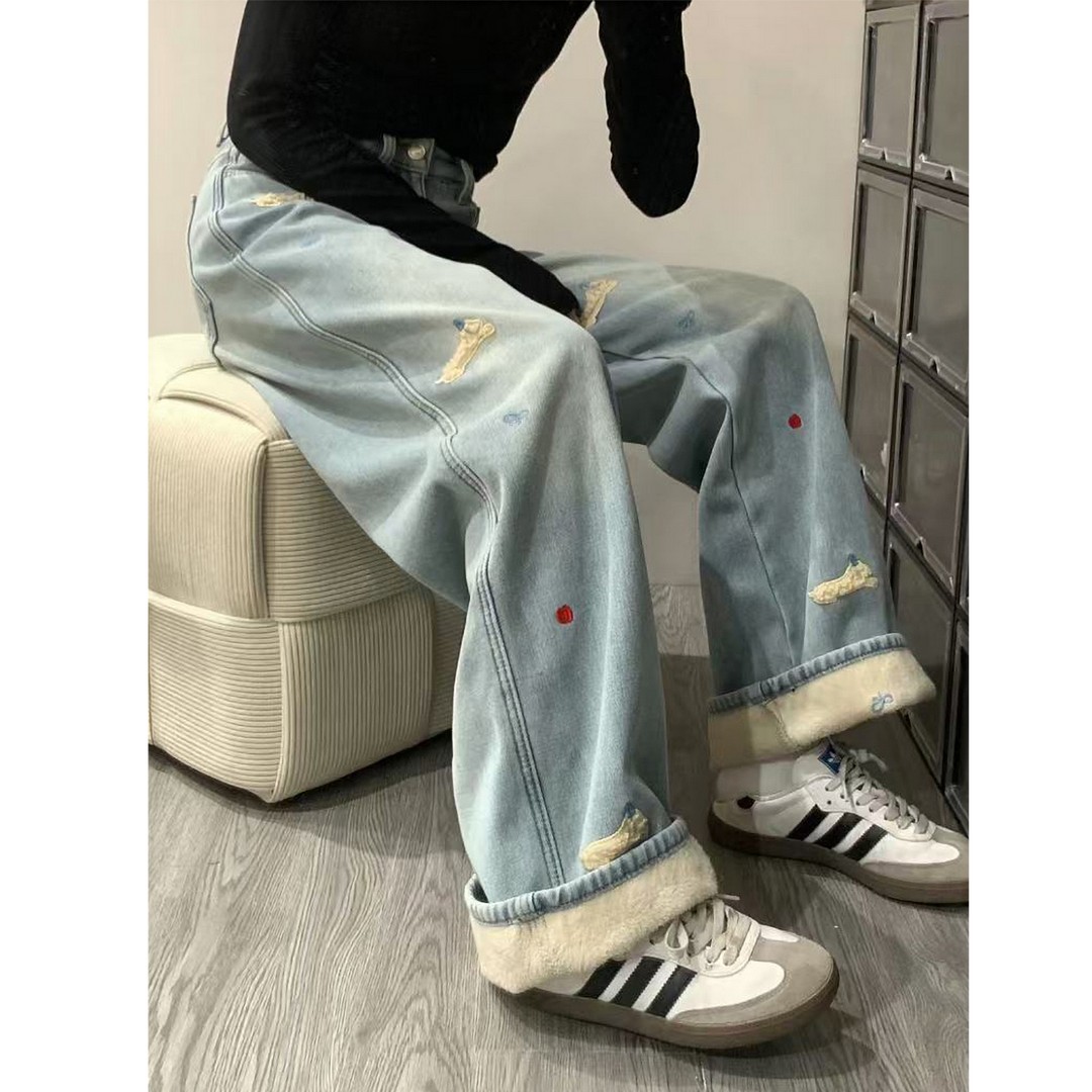 大码加绒刺绣女高腰显瘦直筒牛仔裤秋冬款梨型身材宽松垂感阔腿裤