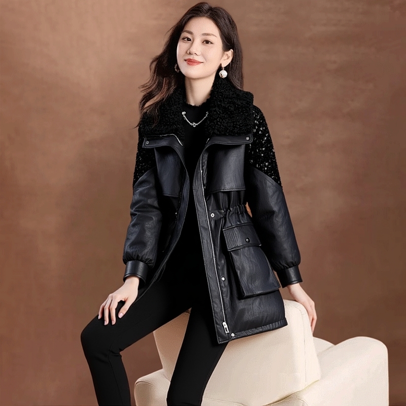 【恋晚】皮面派克服女装中长款加绒外套冬高端品牌时尚洋气免洗棉服