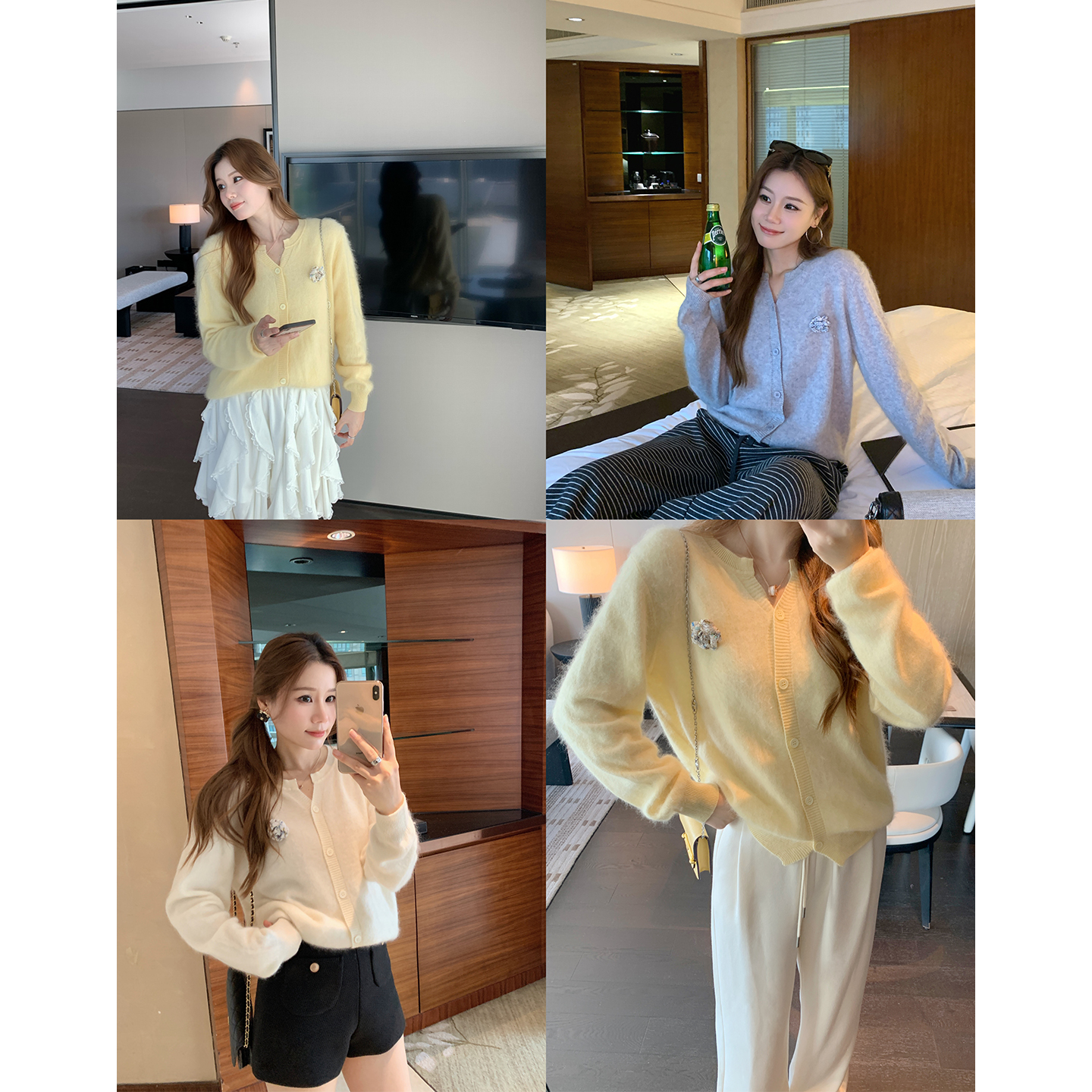 10.10本希benxe/云朵呼吸 剪刀领单排扣纯色羊绒拉毛羊毛针织开衫