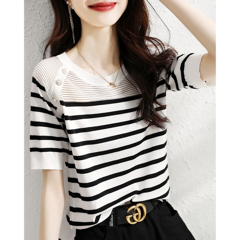 黑白条纹短袖针织衫夏季欧货减龄显瘦冰丝弹力圆领套头打底衫t恤