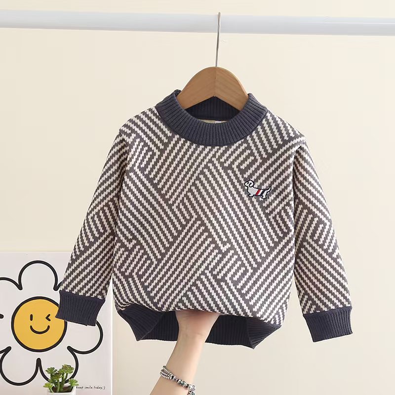 2025新款条纹毛衣加绒针织衫中小童圆领男童套头打底衫休闲毛线衣