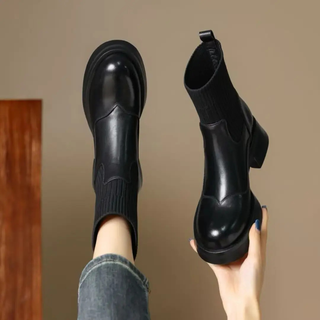 [鞋先生WX1]牛皮冬季英伦风针织短靴舒适手工靴1321