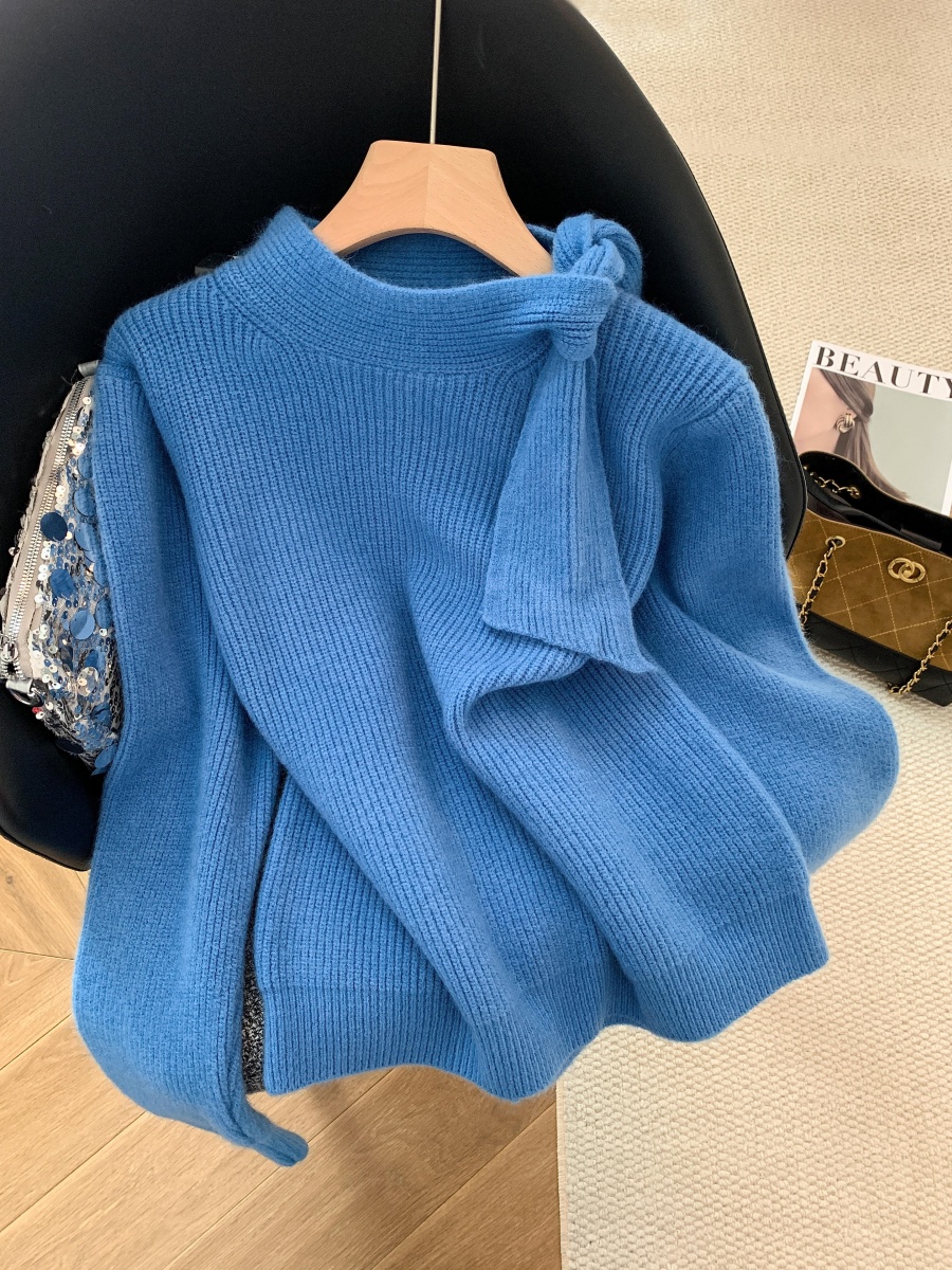 蓝色半高领套头毛衣女秋冬季法式气质绑带宽松显瘦长袖针织衫上衣