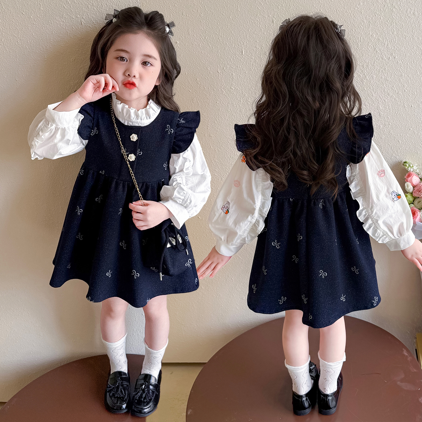 女童春秋季套装洋气小女孩甜美飞袖连衣裙两件套儿童宝宝秋装韩版