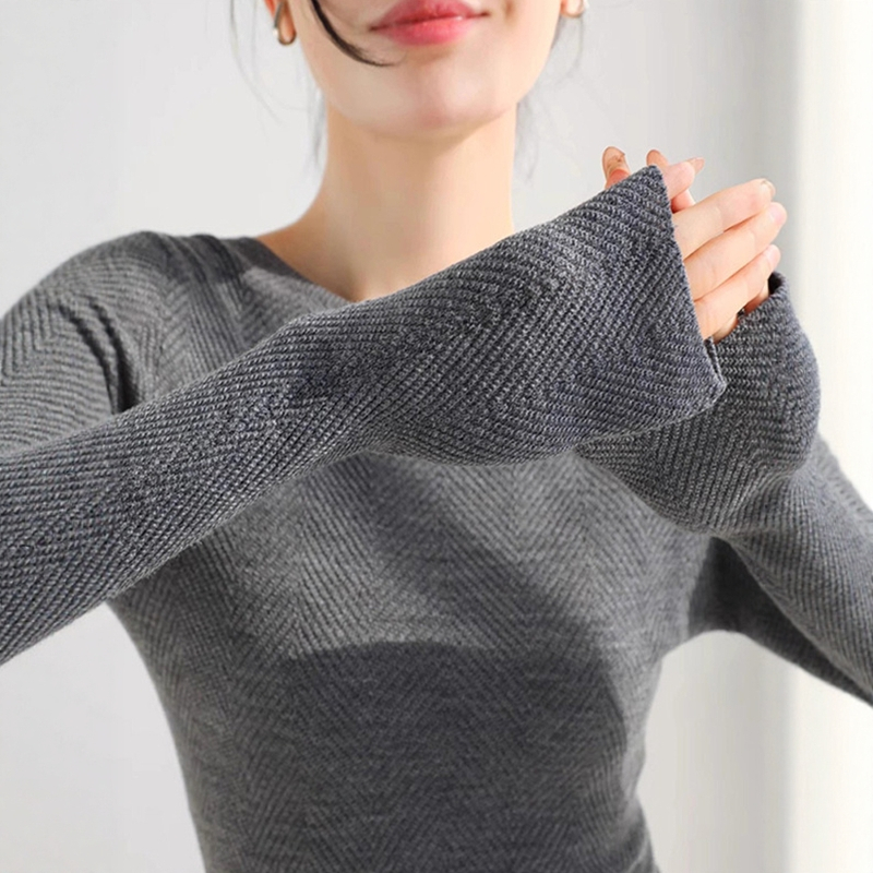 法式灰色高级感圆领长袖针织t恤女秋季巨好看修身别致打底衫上衣