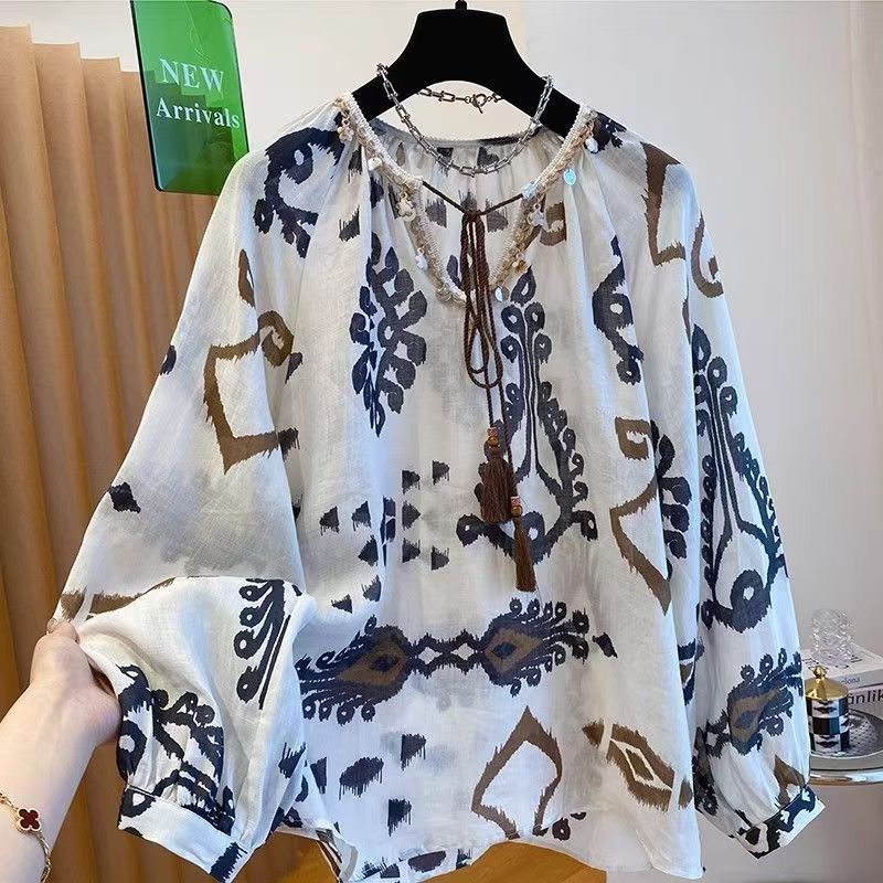 蔻匪图亚麻休闲夏季宽松衬衫印花韩版设计感新款洋气波西米亚衬衣
