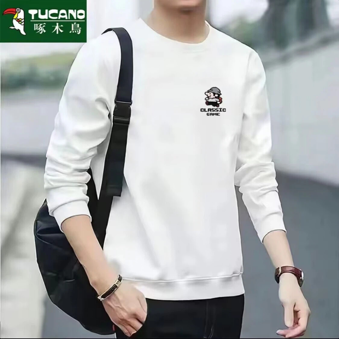 啄木鸟厚款圆领男士长袖卫衣休闲秋冬季加绒套头上衣韩版复古风