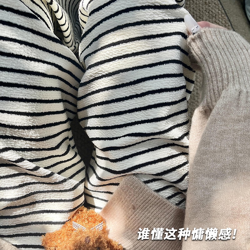 休闲慵懒风毛巾条纹阔腿裤女2025秋冬ins百搭糯米裤高腰遛弯裤子