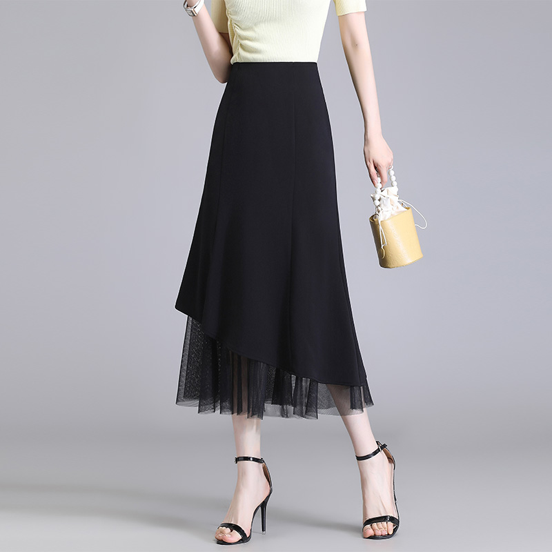 鱼尾包臀半身裙女春夏秋2025新款高腰显瘦中长款网纱边气质a字裙