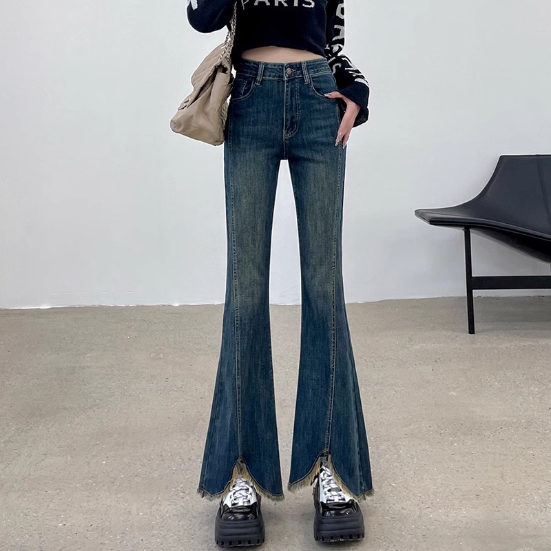 美式微喇牛仔裤裤子女秋科新款高腰弹力显瘦分女款复古加绒牛仔裤