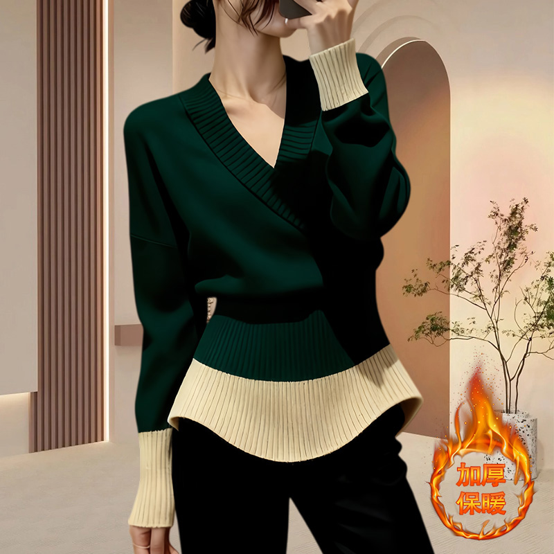 法式复古风撞色V领长袖针织衫女冬季新款高级感收腰显瘦套头上衣