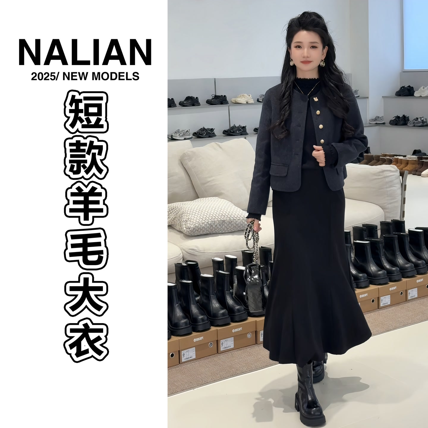 KF6886#精致小短款羊毛大衣黑色秋冬外套6886