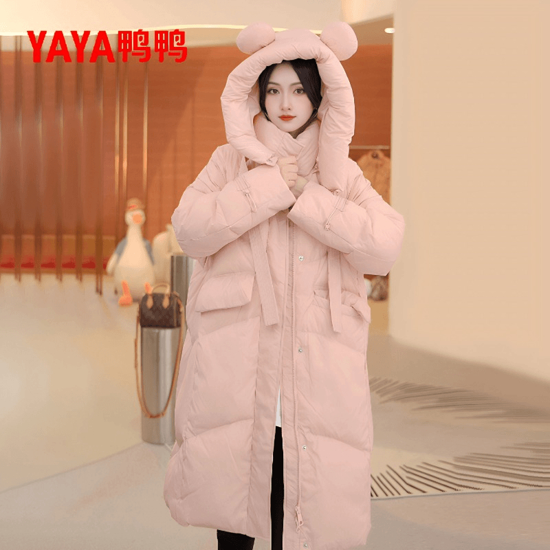 鸭鸭大码羽绒服女中长款2025年冬季新款韩版宽松连帽保暖加厚外套