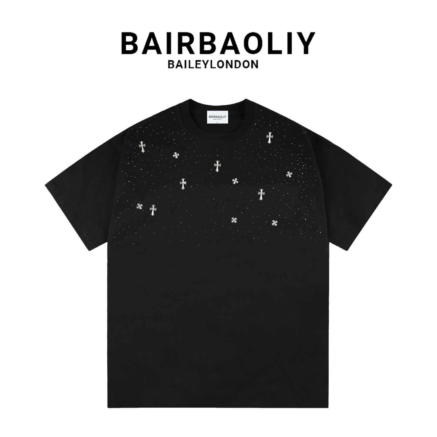 BAIRBAOLIY潮牌满天星大牌质感闪钻十字架短袖T恤街拍痞帅男装