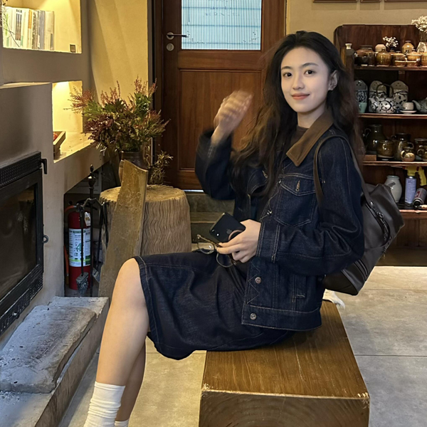 美式复古拼色翻领原牛深蓝色牛仔外套高腰显瘦丹宁风半身裙两件套