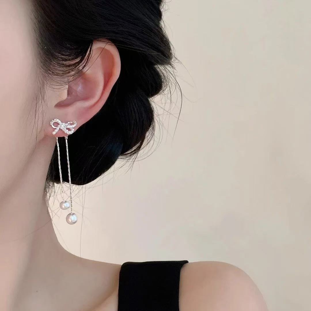 「花团锦簇」蝴蝶结珠珠长款流苏耳钉圆脸适合的耳环前后两戴耳饰