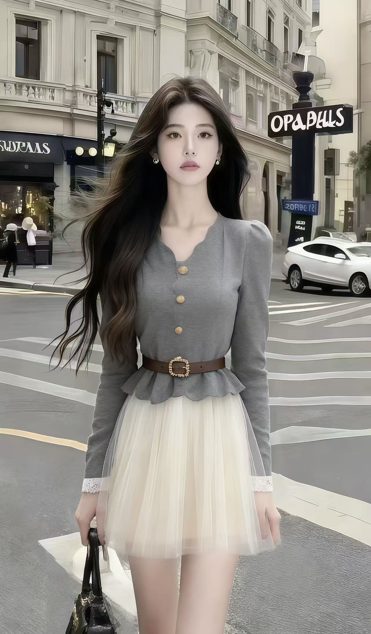 早秋法式小香风灰色V领长袖收腰系带上衣+杏色百搭半身裙女两件套