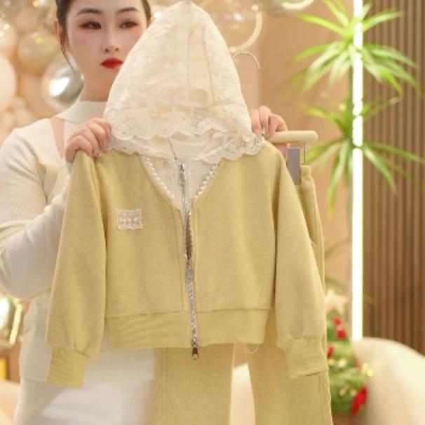 女童运动套装新款洋气时尚童装蕾丝帽韩版春装针织宽松儿童仙女服