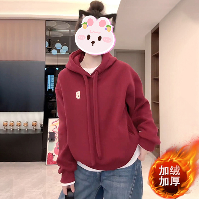 2025冬季新款加绒连帽卫衣女韩系纯色减龄宽松显瘦保暖长袖上衣潮