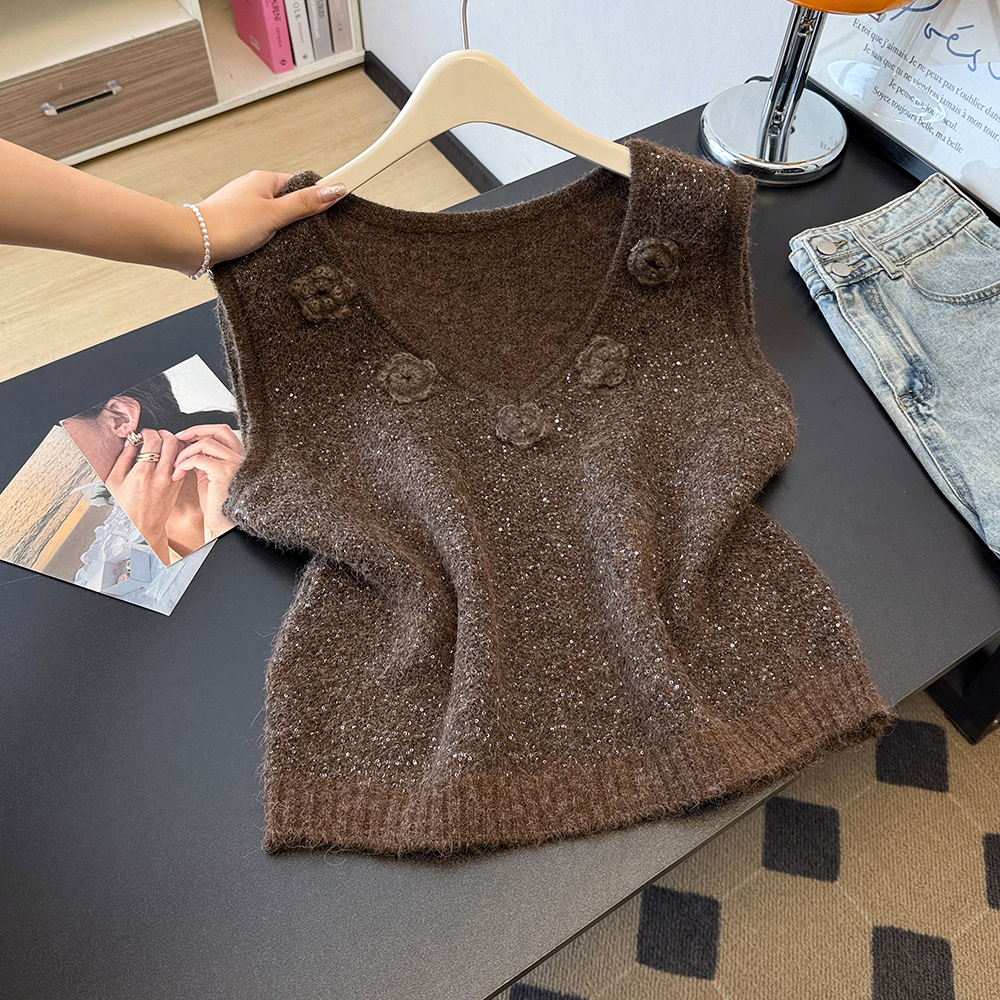 美拉德咖色立体花朵亮闪闪毛衣马甲女秋冬设计感宽松叠穿背心上衣