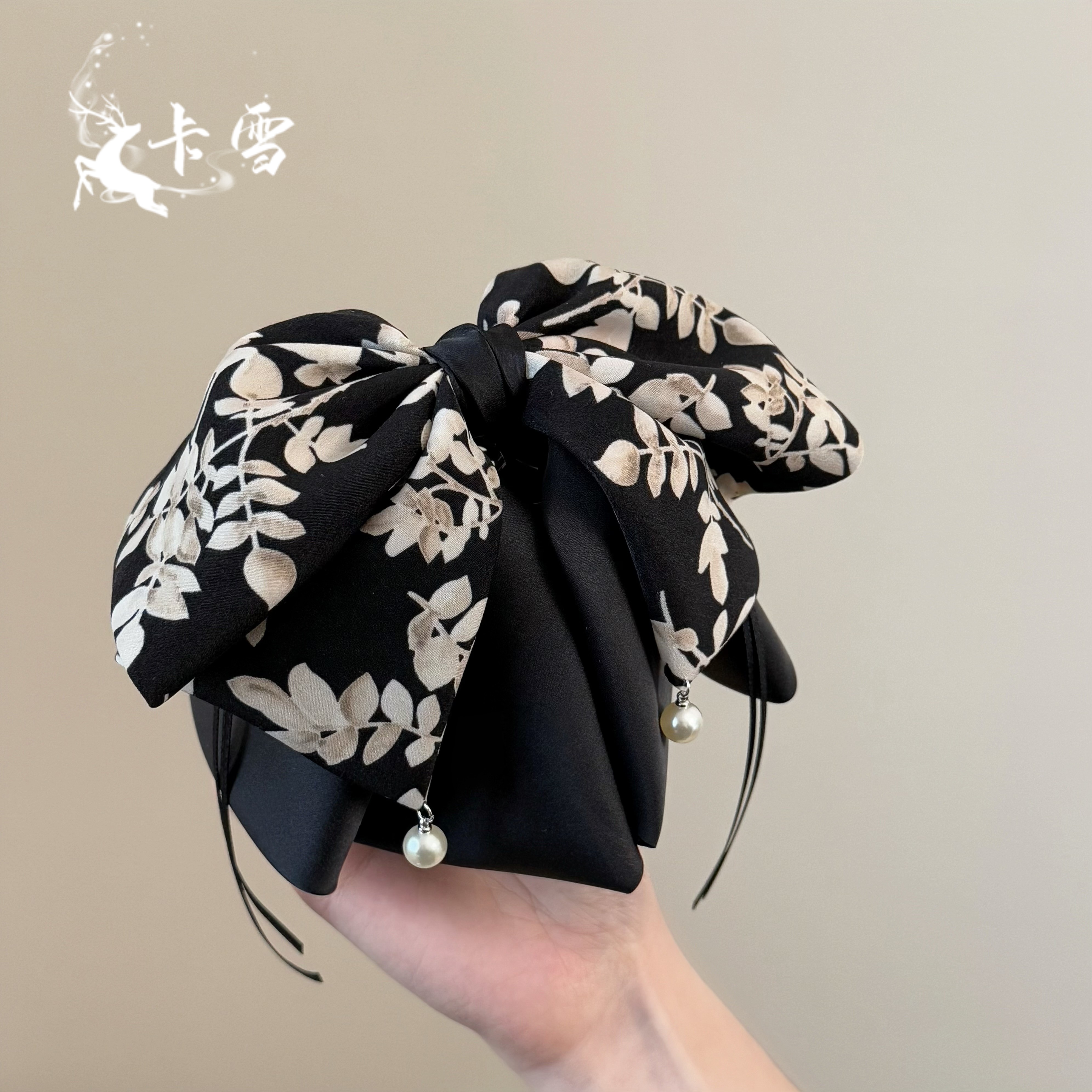 新款水墨黑白印花立体蝴蝶结抓夹国风鲨鱼夹气质飘带半扎马尾夹女