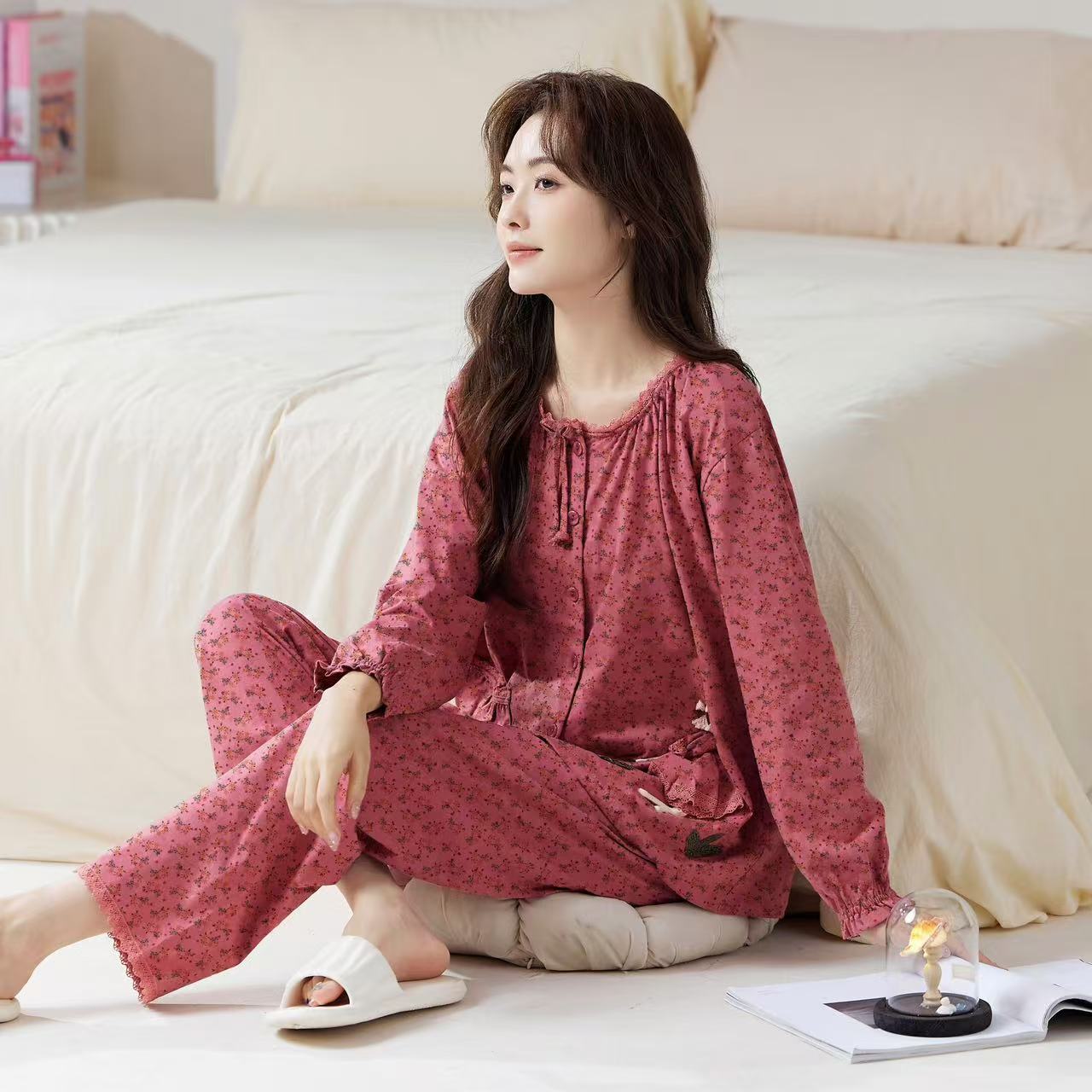 全棉女式可外穿长袖睡衣套装春秋季夏天长袖纯棉甜美风开衫家居服