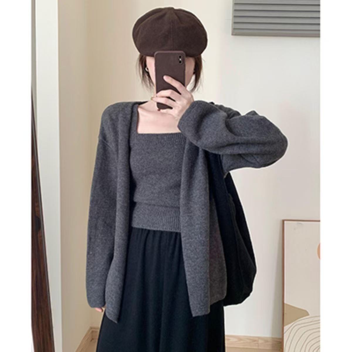 慵懒风针织开衫女春秋外穿时尚吊带背心两件套宽松韩系穿搭上衣