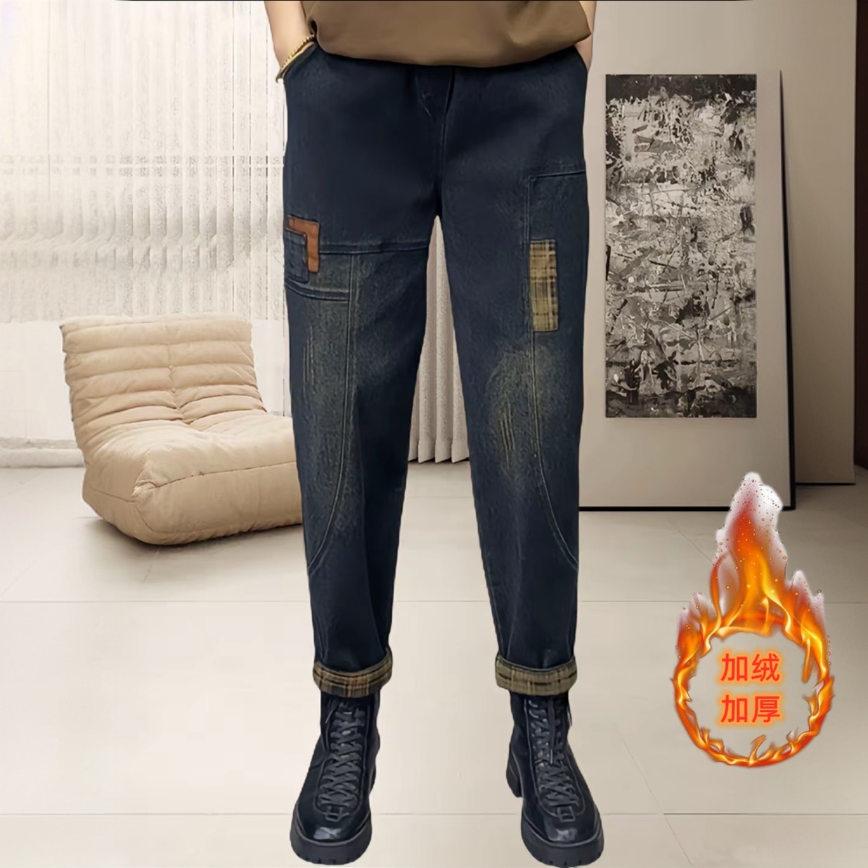 冬季加绒加厚高腰显瘦弹力牛仔哈伦裤女宽松紧腰大码牛仔裤老爹裤