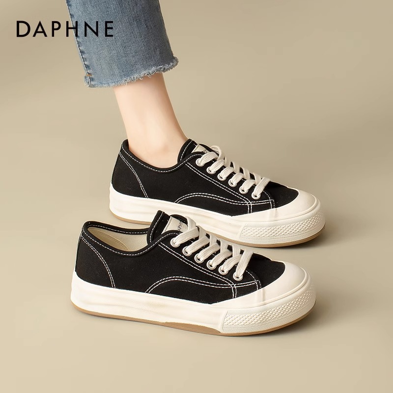 达芙妮黑色帆布鞋女2025春夏新款软底一脚蹬配裙子小白鞋运动薄款