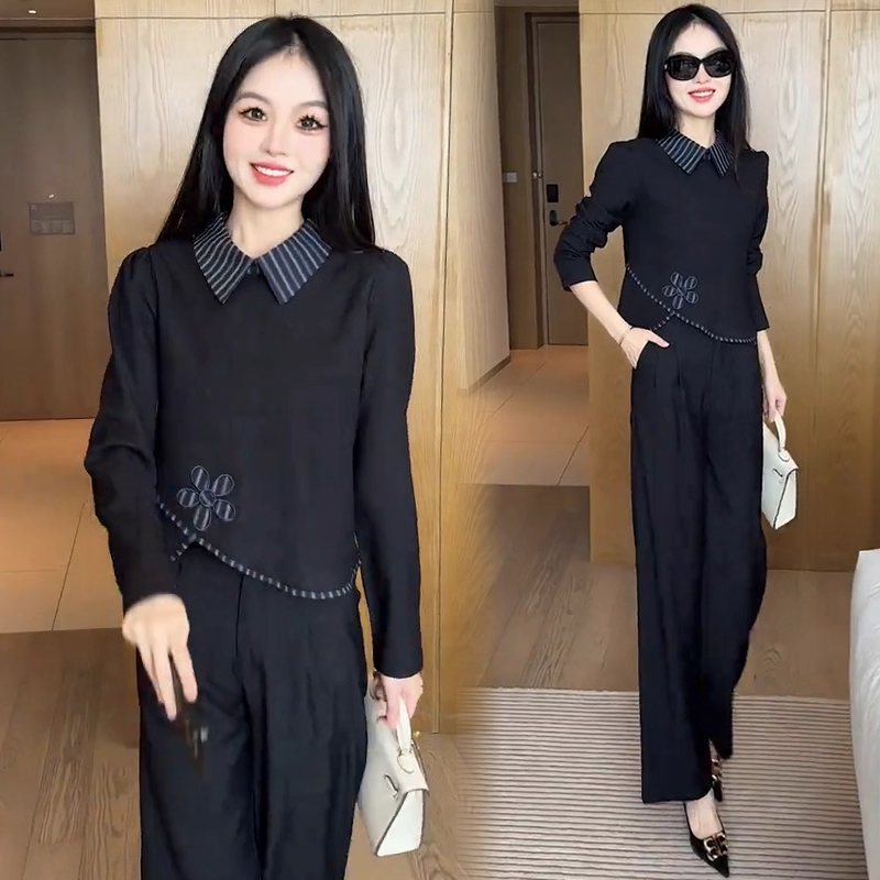 时尚牛仔套装女2025秋季新款洋气质花朵贴绣长袖上衣阔腿裤两件套