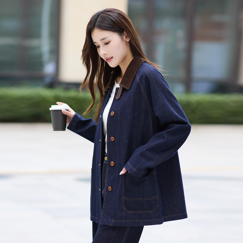复古撞色牛仔外套女款爆款2025新款休闲慵懒风秋季上衣灯芯绒翻领