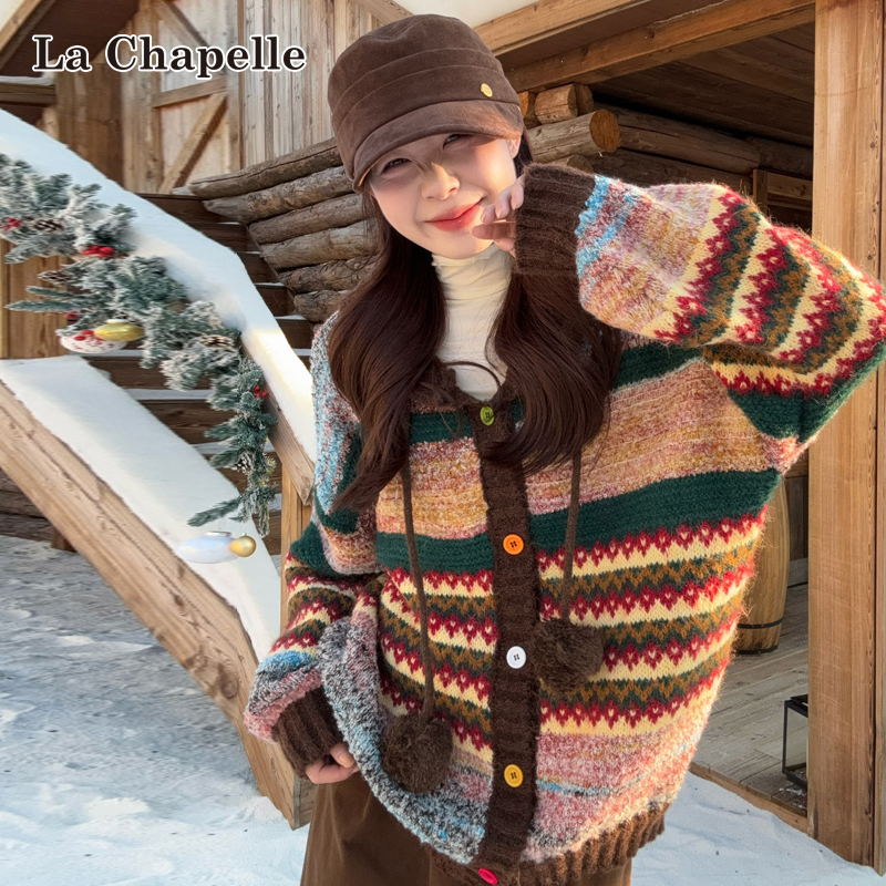 拉夏贝尔复古费尔岛彩色提花连帽毛衣外套女秋冬宽松软糯针织开衫