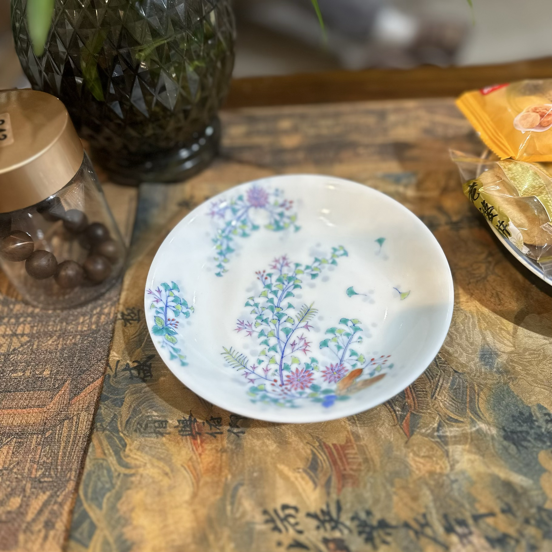明逸堂手绘斗彩银杏壶承【15cm*3cm】手工陶瓷