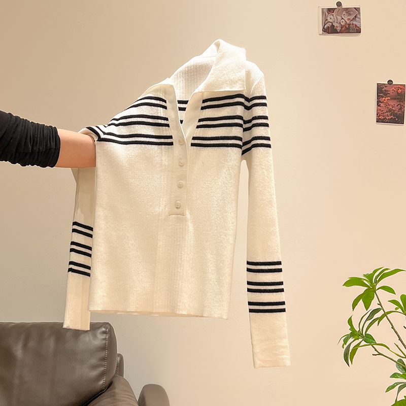 撞色条纹Polo领针织打底衫女春秋新款高级感修身显瘦软糯上衣秋季