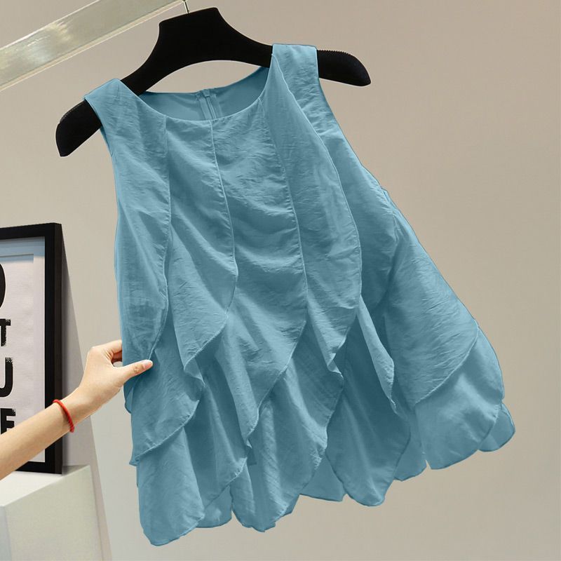 荷叶边雪纺拼接套衬衫2025夏季韩版宽松显瘦纯色拉链休闲背心潮