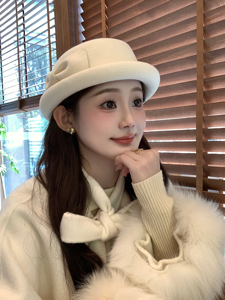 羊毛帽子女2025秋冬新款法式小礼帽毡帽英伦复古千金白色毛呢帽子