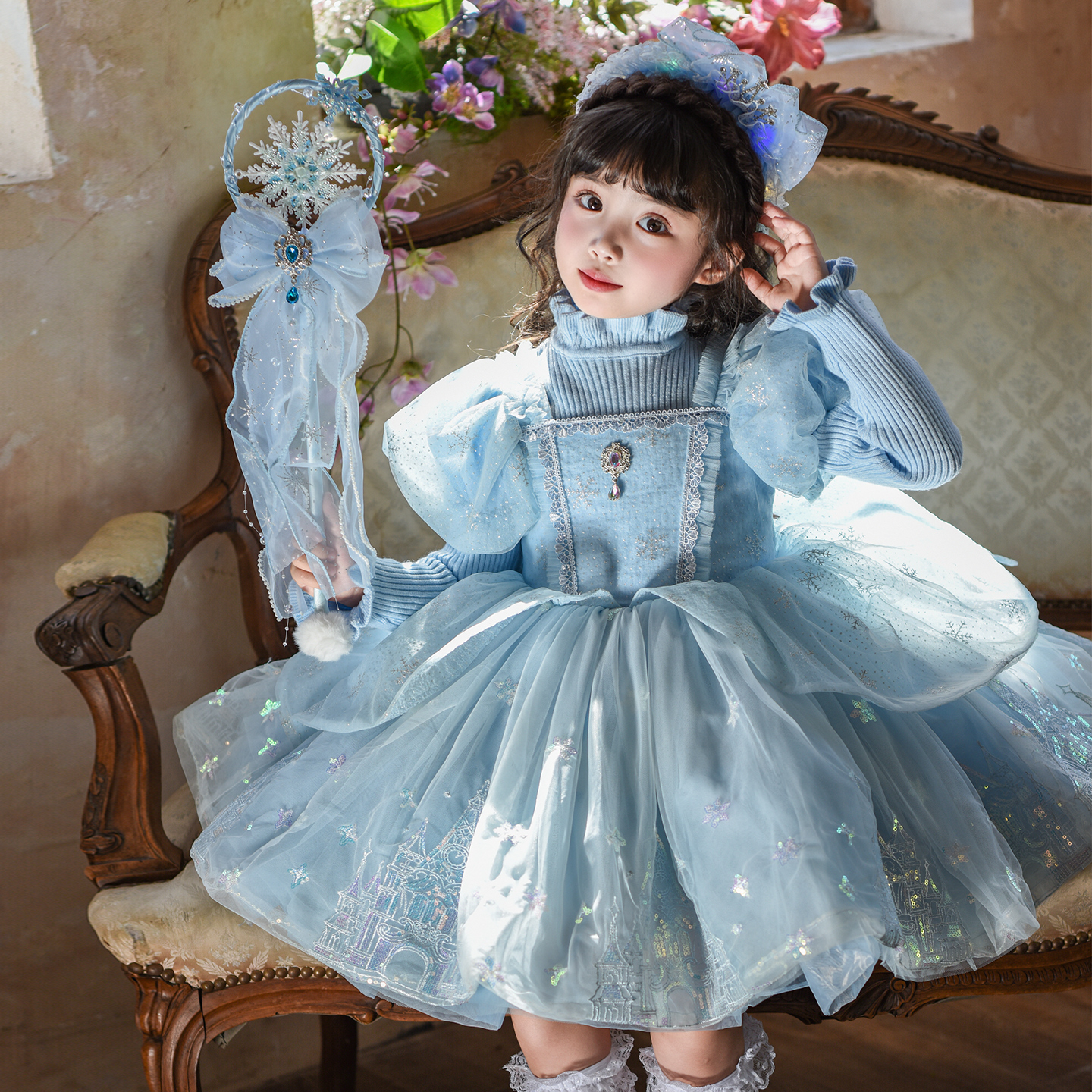 艾莎公主裙女童秋冬蓬蓬纱裙儿童冰雪奇缘连衣裙小女孩爱莎毛衣裙