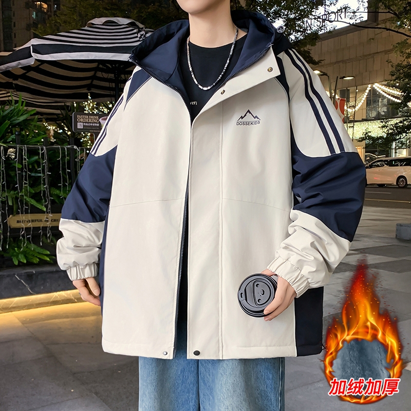 秋冬新款美式男生休闲宽松拼色印花外套加绒加厚保青少年冬季牛仔
