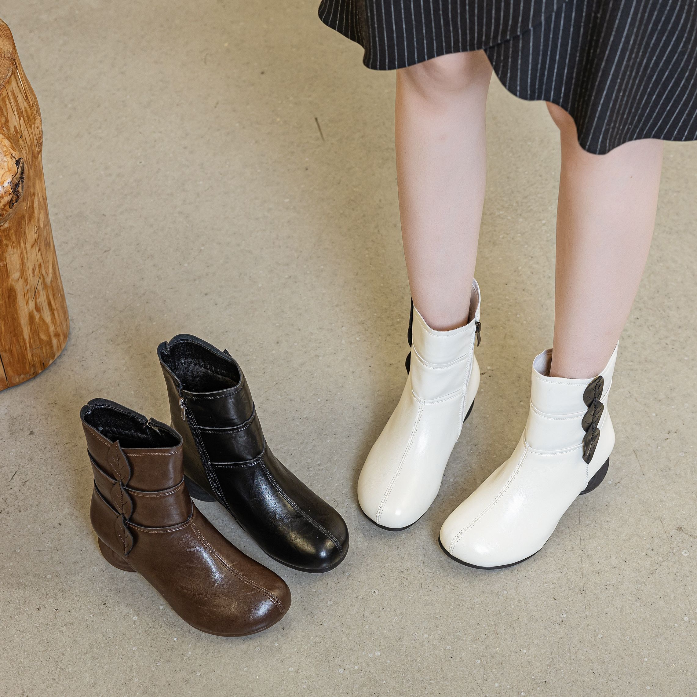 新款气质中跟时尚短靴爆款百搭软底软皮休闲舒适高级加绒复古秋冬